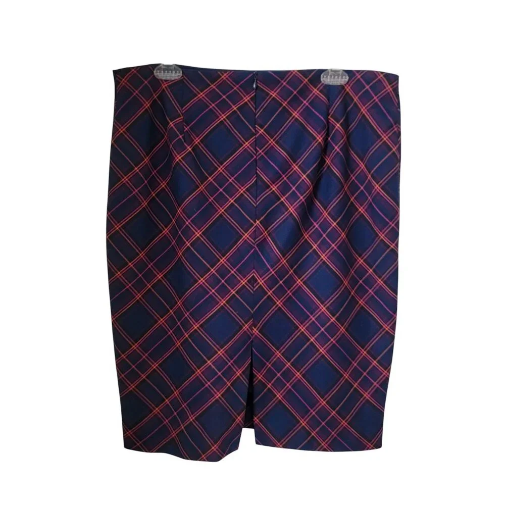 Trina Turk Size 12 Crissy Tartan Plaid Pencil Skirt Navy Blue, Pink & Orange